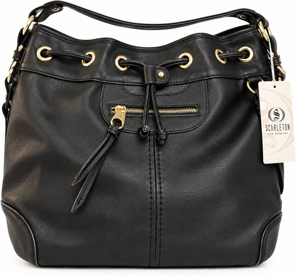 Scarleton H107801 Large Black Drawstring Bucket Hobo Shoulder Crossbody Bag NWT